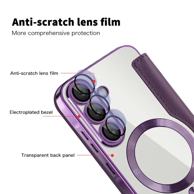 Husa pentru  Samsung Galaxy A56 EliteBook Executive Tip Carte cu Protectie RFID, Compatibilitate MagSafe si protectie lentile Transparent - Mov