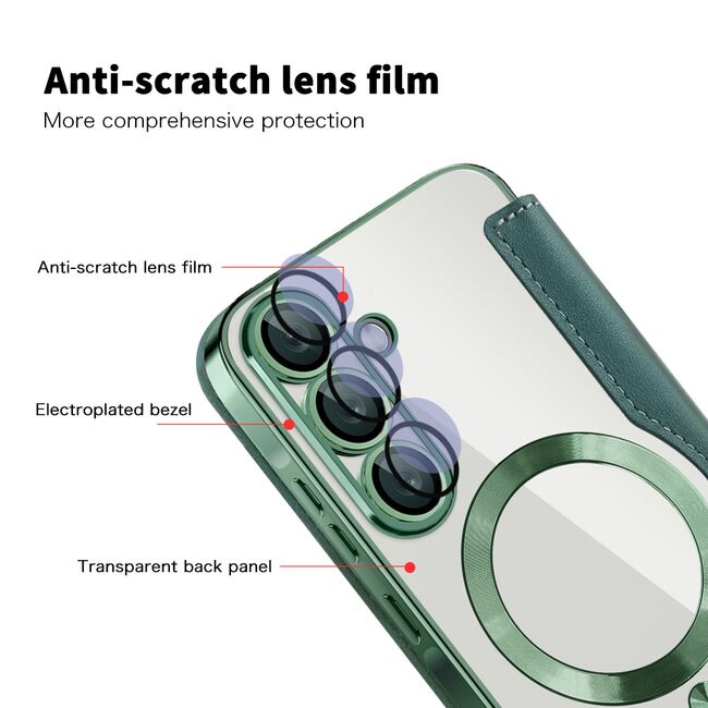 Husa pentru  Samsung Galaxy A56 EliteBook Executive Tip Carte cu Protectie RFID, Compatibilitate MagSafe si protectie lentile Transparent - Verde