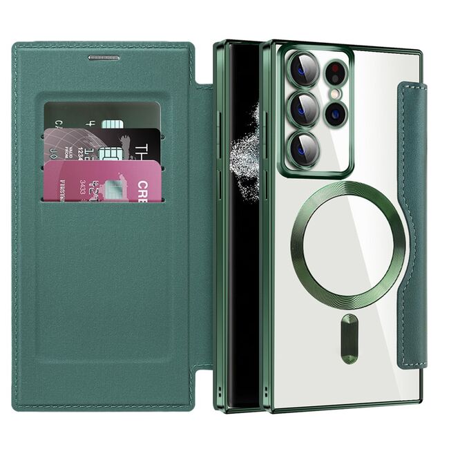 Husa pentru  Samsung Galaxy S22 Ultra 5G EliteBook Executive Tip Carte cu Protectie RFID, Compatibilitate MagSafe si protectie lentile Transparent - Verde