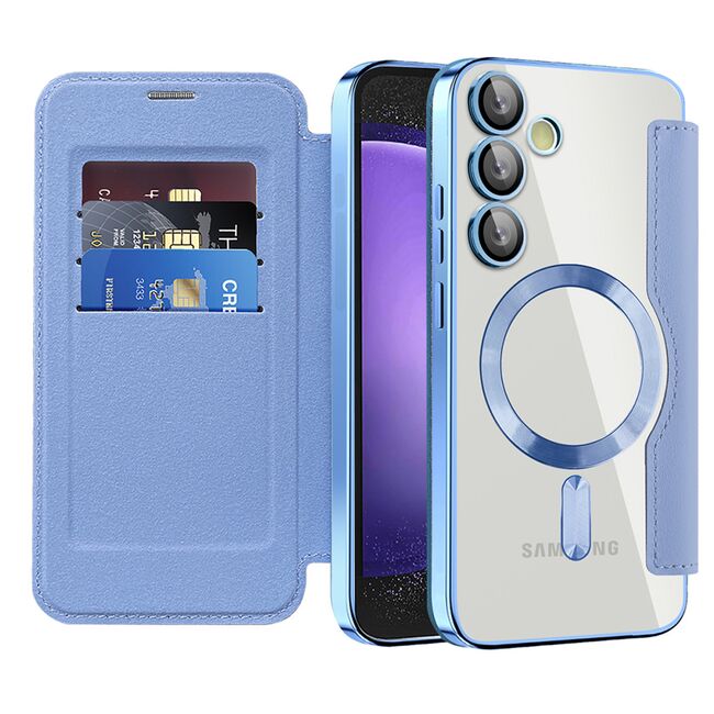 Husa pentru  Samsung Galaxy S23 FE EliteBook Executive Tip Carte cu Protectie RFID, Compatibilitate MagSafe si protectie lentile Transparent - Albastru deschis