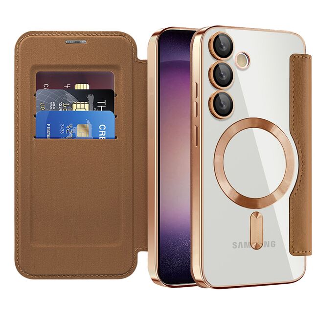 Husa pentru  Samsung Galaxy S23 Plus  EliteBook Executive Tip Carte cu Protectie RFID, Compatibilitate MagSafe si protectie lentile Transparent - Maro