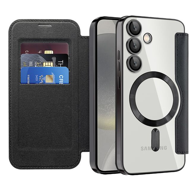 Husa pentru  Samsung Galaxy S24+ Plus EliteBook Executive Tip Carte cu Protectie RFID, Compatibilitate MagSafe si protectie lentile Transparent - Negru