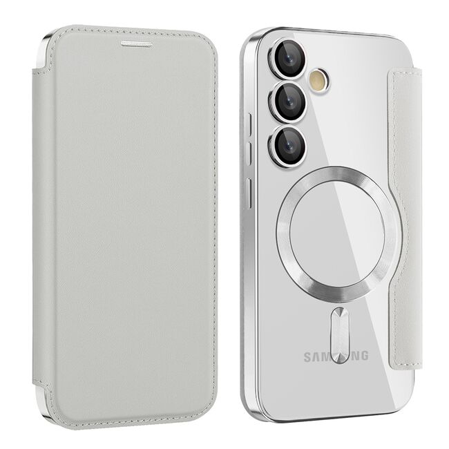 Husa pentru  Samsung Galaxy S24 EliteBook Executive Tip Carte cu Protectie RFID, Compatibilitate MagSafe si protectie lentile Transparent - Argintiu