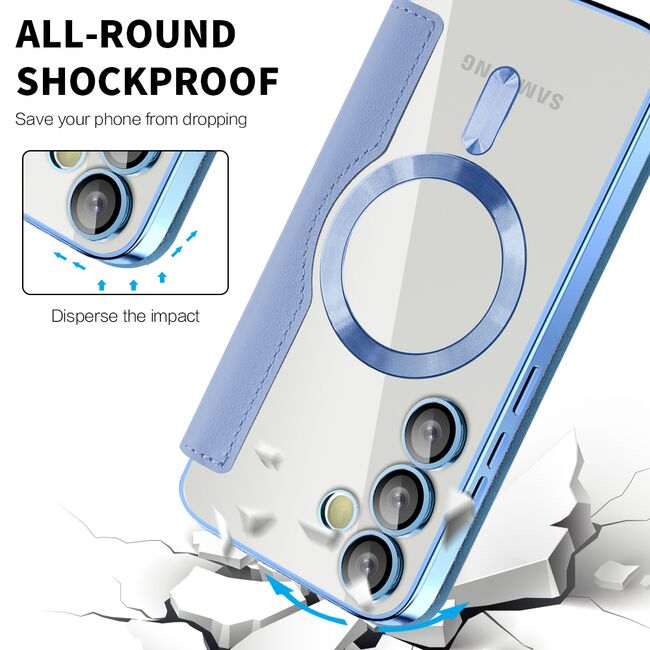 Husa pentru  Samsung Galaxy S24 FE EliteBook Executive Tip Carte cu Protectie RFID, Compatibilitate MagSafe si protectie lentile Transparent - Albastru deschis