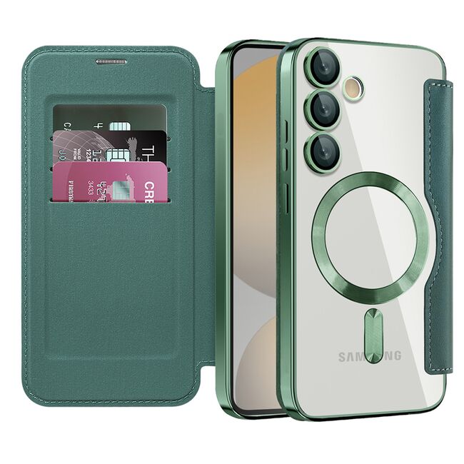 Husa pentru  Samsung Galaxy S24 FE EliteBook Executive Tip Carte cu Protectie RFID, Compatibilitate MagSafe si protectie lentile Transparent - Verde