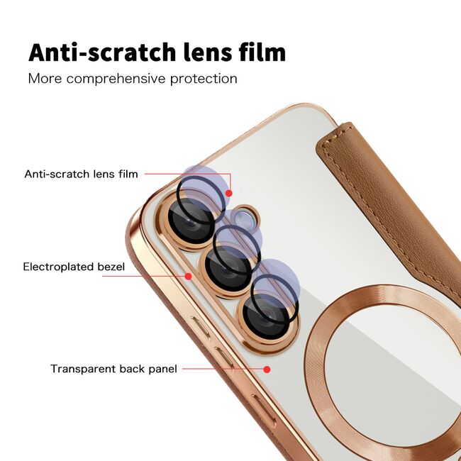 Husa pentru  Samsung Galaxy S25+ EliteBook Executive Tip Carte cu Protectie RFID, Compatibilitate MagSafe si protectie lentile Transparent - Maro