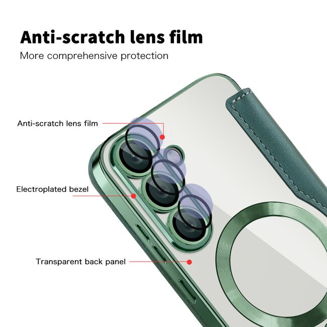 Husa pentru  Samsung Galaxy S25+ EliteBook Executive Tip Carte cu Protectie RFID, Compatibilitate MagSafe si protectie lentile Transparent - Verde