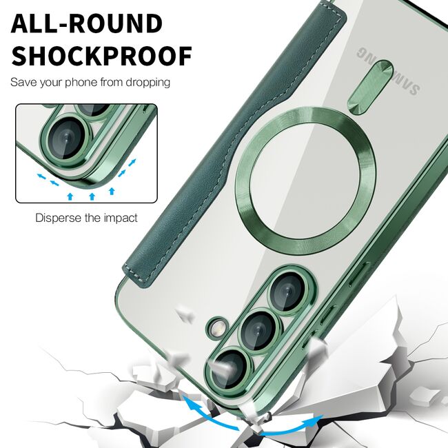 Husa pentru  Samsung Galaxy S25+ EliteBook Executive Tip Carte cu Protectie RFID, Compatibilitate MagSafe si protectie lentile Transparent - Verde