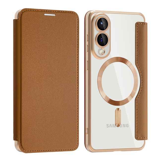 Husa pentru  Samsung Galaxy S25 Edge EliteBook Executive Tip Carte cu Protectie RFID, Compatibilitate MagSafe si protectie lentile Transparent - Maro