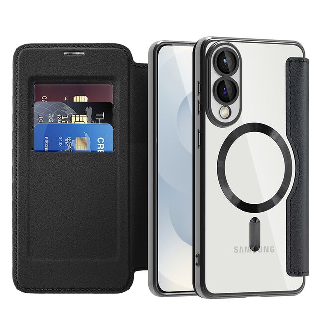 Husa pentru  Samsung Galaxy S25 Edge EliteBook Executive Tip Carte cu Protectie RFID, Compatibilitate MagSafe si protectie lentile Transparent - Negru