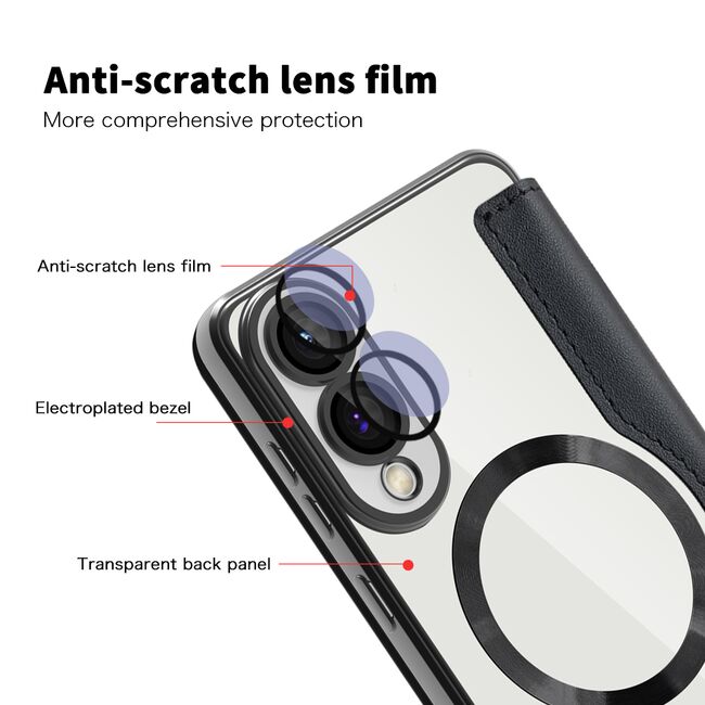 Husa pentru  Samsung Galaxy S25 Edge EliteBook Executive Tip Carte cu Protectie RFID, Compatibilitate MagSafe si protectie lentile Transparent - Negru