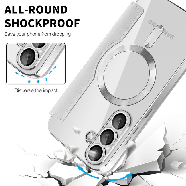 Husa pentru  Samsung Galaxy S25 EliteBook Executive Tip Carte cu Protectie RFID, Compatibilitate MagSafe si protectie lentile Transparent - Gri