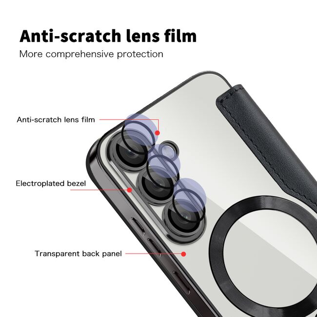 Husa pentru  Samsung Galaxy S25 EliteBook Executive Tip Carte cu Protectie RFID, Compatibilitate MagSafe si protectie lentile Transparent - Negru