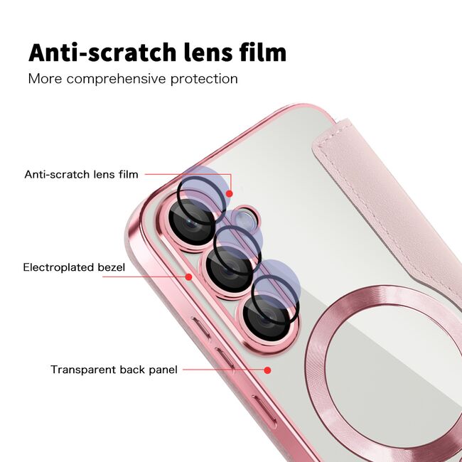 Husa pentru  Samsung Galaxy S25 EliteBook Executive Tip Carte cu Protectie RFID, Compatibilitate MagSafe si protectie lentile Transparent - Roz