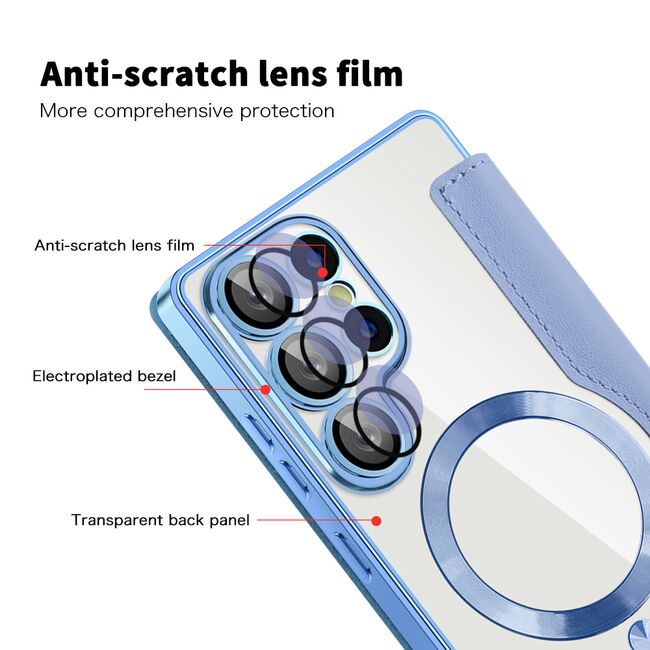 Husa pentru  Samsung Galaxy S25 Ultra MagFold Executive Tip Carte cu Protectie RFID, Compatibilitate MagSafe si protectie lentile transparent - Albastru deschis