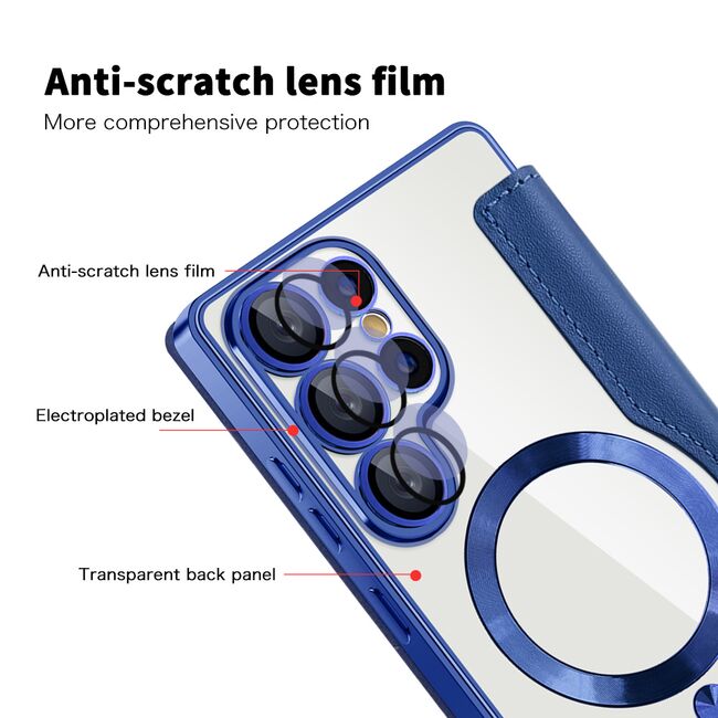 Husa pentru  Samsung Galaxy S25 Ultra MagFold Executive Tip Carte cu Protectie RFID, Compatibilitate MagSafe si protectie lentile transparent - Albastru