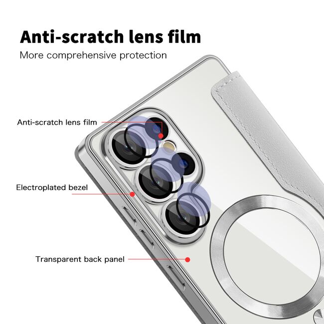 Husa pentru  Samsung Galaxy S25 Ultra MagFold Executive Tip Carte cu Protectie RFID, Compatibilitate MagSafe si protectie lentile transparent - Gri