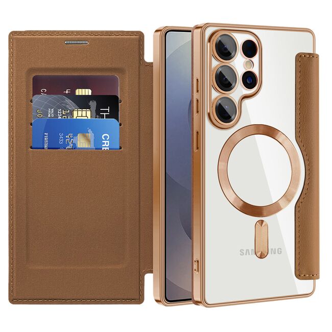Husa pentru  Samsung Galaxy S25 Ultra MagFold Executive Tip Carte cu Protectie RFID, Compatibilitate MagSafe si protectie lentile transparent - Maro