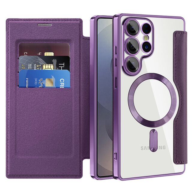 Husa pentru  Samsung Galaxy S25 Ultra MagFold Executive Tip Carte cu Protectie RFID, Compatibilitate MagSafe si protectie lentile transparent - Mov