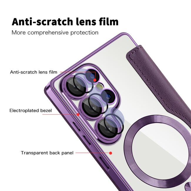 Husa pentru  Samsung Galaxy S25 Ultra MagFold Executive Tip Carte cu Protectie RFID, Compatibilitate MagSafe si protectie lentile transparent - Mov