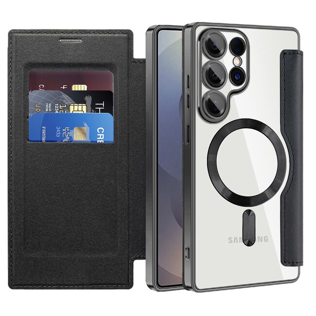 Husa pentru  Samsung Galaxy S25 Ultra MagFold Executive Tip Carte cu Protectie RFID, Compatibilitate MagSafe si protectie lentile transparent - Negru