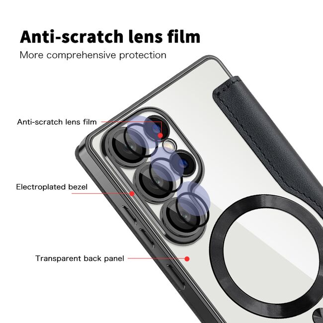 Husa pentru  Samsung Galaxy S25 Ultra MagFold Executive Tip Carte cu Protectie RFID, Compatibilitate MagSafe si protectie lentile transparent - Negru