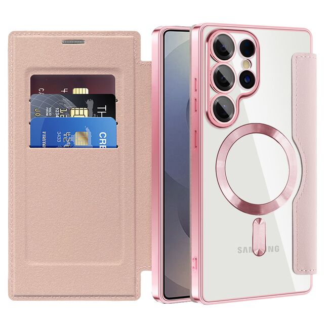 Husa pentru  Samsung Galaxy S25 Ultra MagFold Executive Tip Carte cu Protectie RFID, Compatibilitate MagSafe si protectie lentile transparent - Roz