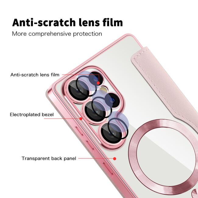 Husa pentru  Samsung Galaxy S25 Ultra MagFold Executive Tip Carte cu Protectie RFID, Compatibilitate MagSafe si protectie lentile transparent - Roz