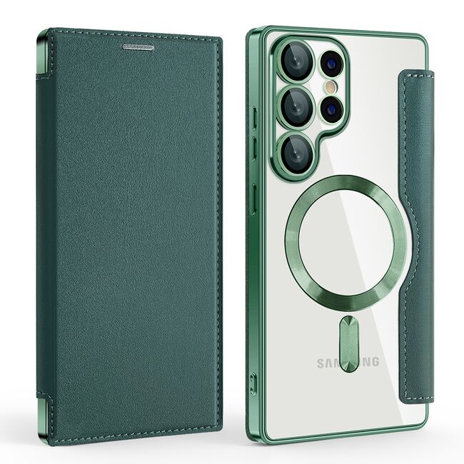 Husa pentru  Samsung Galaxy S25 Ultra MagFold Executive Tip Carte cu Protectie RFID, Compatibilitate MagSafe si protectie lentile transparent - Verde