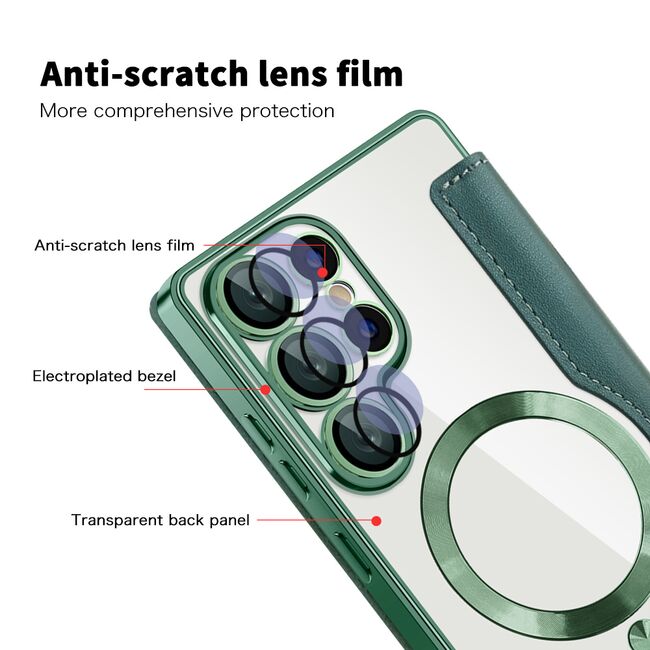 Husa pentru  Samsung Galaxy S25 Ultra MagFold Executive Tip Carte cu Protectie RFID, Compatibilitate MagSafe si protectie lentile transparent - Verde