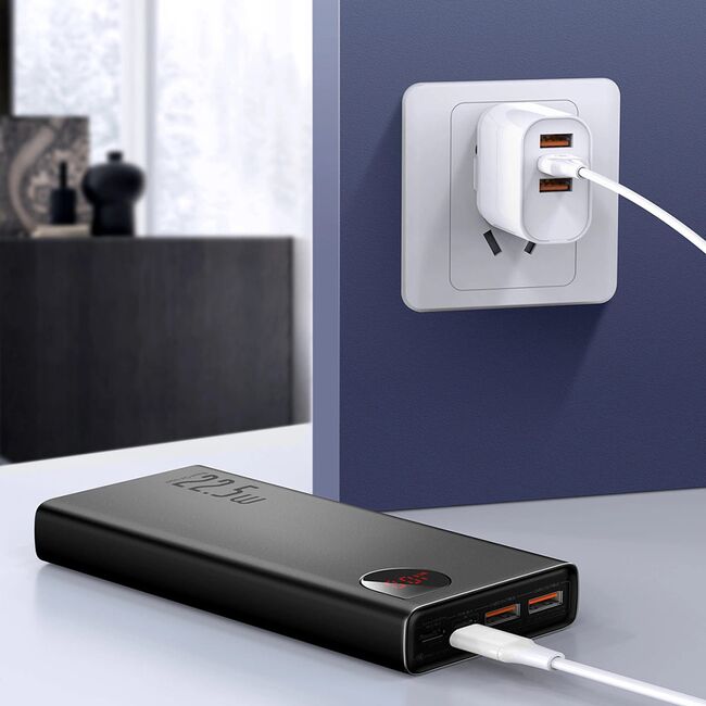Acumulator Extern 2x USB, Type-C, Lightning, Micro-USB, Fast Charging, 22.5W, 20000mAh + Cablu Type-C- Baseus Adaman - Negru