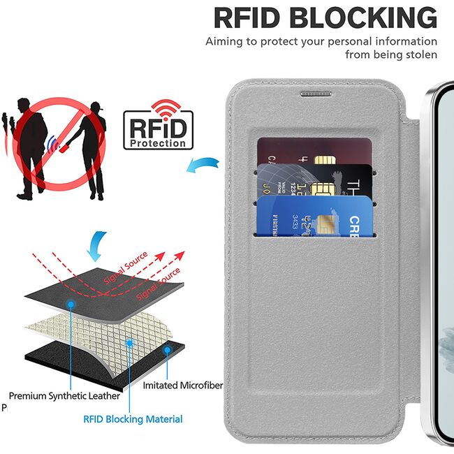Husa pentru  Google Pixel 9A EliteBook Executive Tip Carte cu Protectie RFID, Compatibilitate MagSafe si protectie lentile Transparent - Argintiu