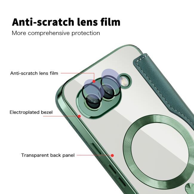 Husa pentru  Google Pixel 9A EliteBook Executive Tip Carte cu Protectie RFID, Compatibilitate MagSafe si protectie lentile Transparent - Verde