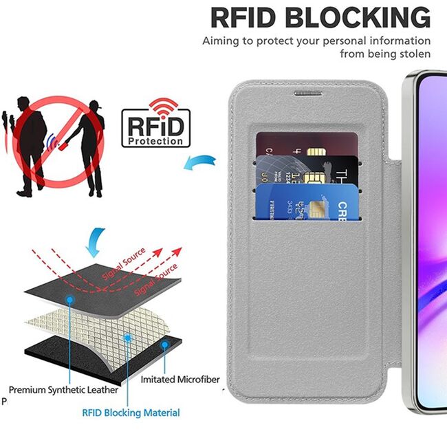 Husa pentru  Samsung Galaxy A05 EliteBook Executive Tip Carte cu Protectie RFID, Compatibilitate MagSafe si protectie lentile Transparent - Argintiu