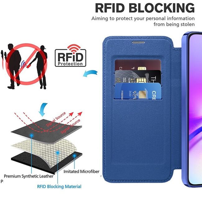 Husa pentru  Samsung Galaxy A05s EliteBook Executive Tip Carte cu Protectie RFID, Compatibilitate MagSafe si protectie lentile Transparent - Albastru