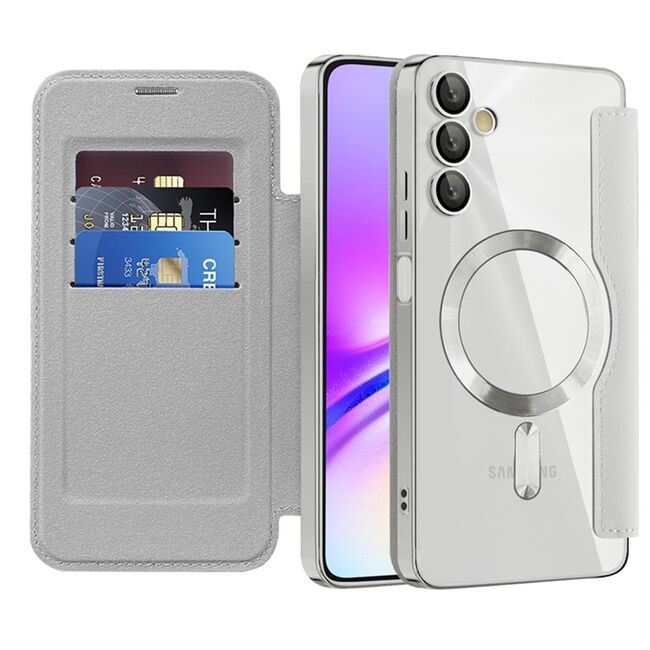 Husa pentru  Samsung Galaxy A05s EliteBook Executive Tip Carte cu Protectie RFID, Compatibilitate MagSafe si protectie lentile Transparent - Argintiu