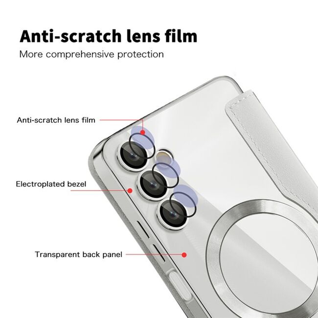Husa pentru  Samsung Galaxy A05s EliteBook Executive Tip Carte cu Protectie RFID, Compatibilitate MagSafe si protectie lentile Transparent - Argintiu
