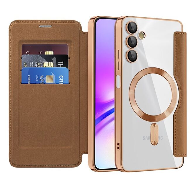 Husa pentru  Samsung Galaxy A05s EliteBook Executive Tip Carte cu Protectie RFID, Compatibilitate MagSafe si protectie lentile Transparent - Maro