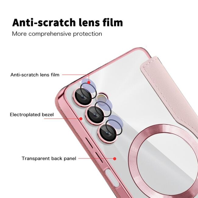 Husa pentru  Samsung Galaxy A05s EliteBook Executive Tip Carte cu Protectie RFID, Compatibilitate MagSafe si protectie lentile Transparent - Roz