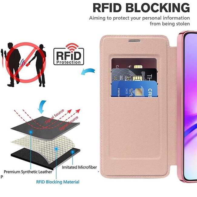Husa pentru  Samsung Galaxy A05s EliteBook Executive Tip Carte cu Protectie RFID, Compatibilitate MagSafe si protectie lentile Transparent - Roz