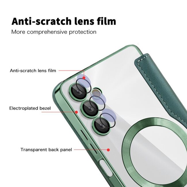 Husa pentru  Samsung Galaxy A05s EliteBook Executive Tip Carte cu Protectie RFID, Compatibilitate MagSafe si protectie lentile Transparent - Verde