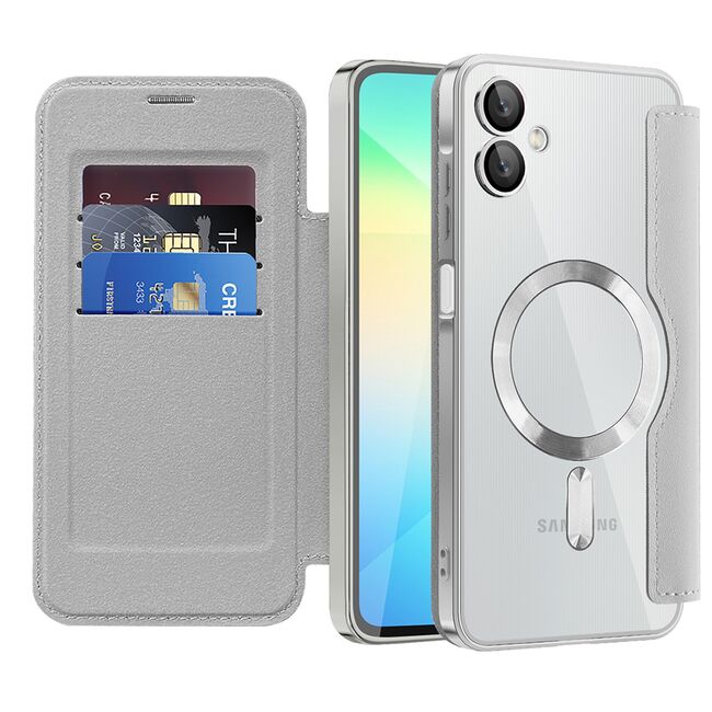 Husa pentru  Samsung Galaxy A06 EliteBook Executive Tip Carte cu Protectie RFID, Compatibilitate MagSafe si protectie lentile Transparent - Argintiu