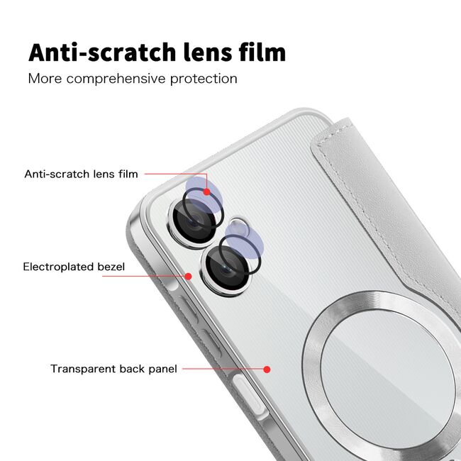 Husa pentru  Samsung Galaxy A06 EliteBook Executive Tip Carte cu Protectie RFID, Compatibilitate MagSafe si protectie lentile Transparent - Argintiu