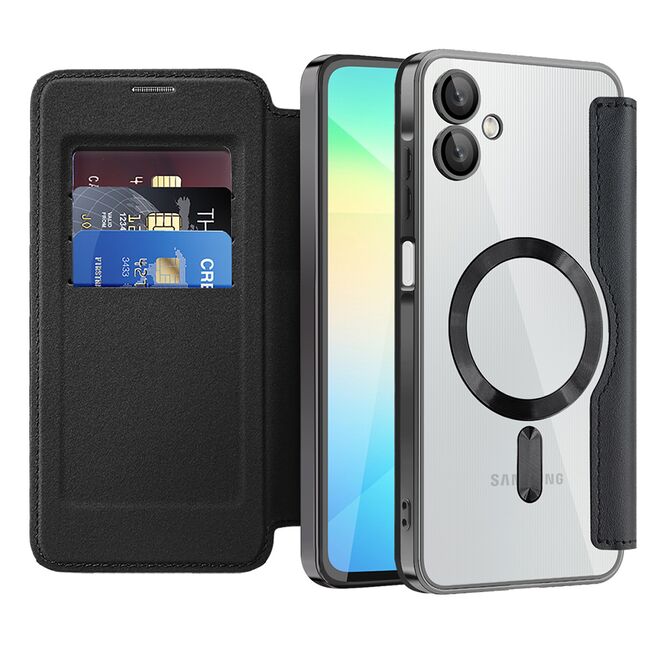 Husa pentru  Samsung Galaxy A06 EliteBook Executive Tip Carte cu Protectie RFID, Compatibilitate MagSafe si protectie lentile Transparent - Negru