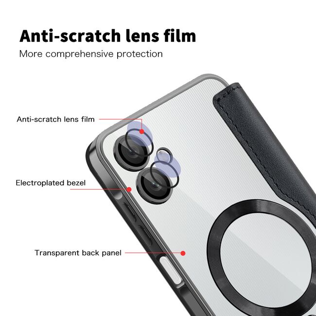 Husa pentru  Samsung Galaxy A06 EliteBook Executive Tip Carte cu Protectie RFID, Compatibilitate MagSafe si protectie lentile Transparent - Negru