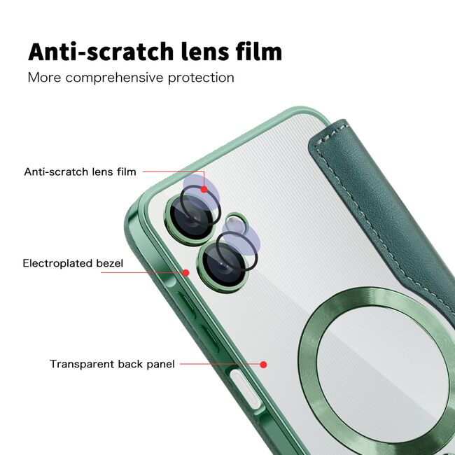 Husa pentru  Samsung Galaxy A06 EliteBook Executive Tip Carte cu Protectie RFID, Compatibilitate MagSafe si protectie lentile Transparent - Verde
