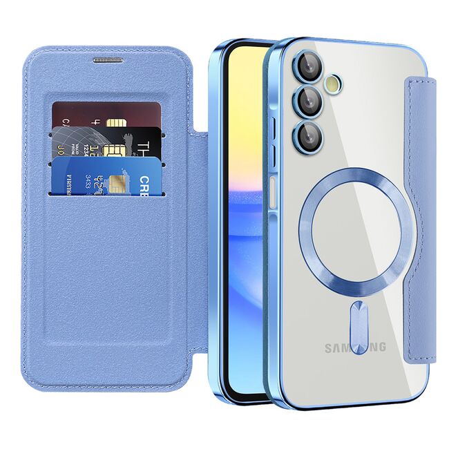 Husa pentru  Samsung Galaxy A15 EliteBook Executive Tip Carte cu Protectie RFID, Compatibilitate MagSafe si protectie lentile Transparent - Albastru deschis
