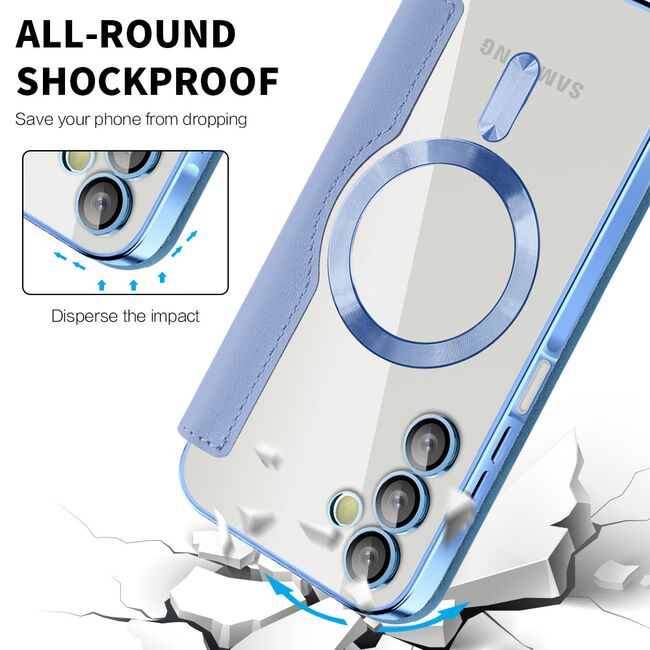 Husa pentru  Samsung Galaxy A15 EliteBook Executive Tip Carte cu Protectie RFID, Compatibilitate MagSafe si protectie lentile Transparent - Albastru deschis