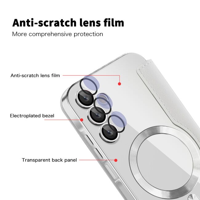 Husa pentru  Samsung Galaxy A15 EliteBook Executive Tip Carte cu Protectie RFID, Compatibilitate MagSafe si protectie lentile Transparent - Argintiu