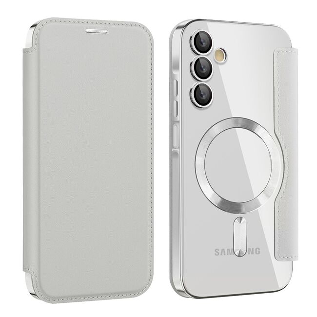 Husa pentru  Samsung Galaxy A15 EliteBook Executive Tip Carte cu Protectie RFID, Compatibilitate MagSafe si protectie lentile Transparent - Argintiu